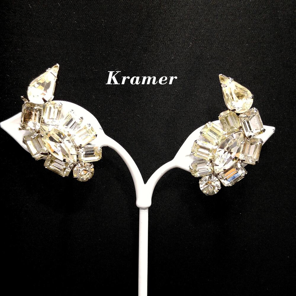 Vintage Kramer NY Clear Rhinestone Ear Climber Clip Earrings 1950s